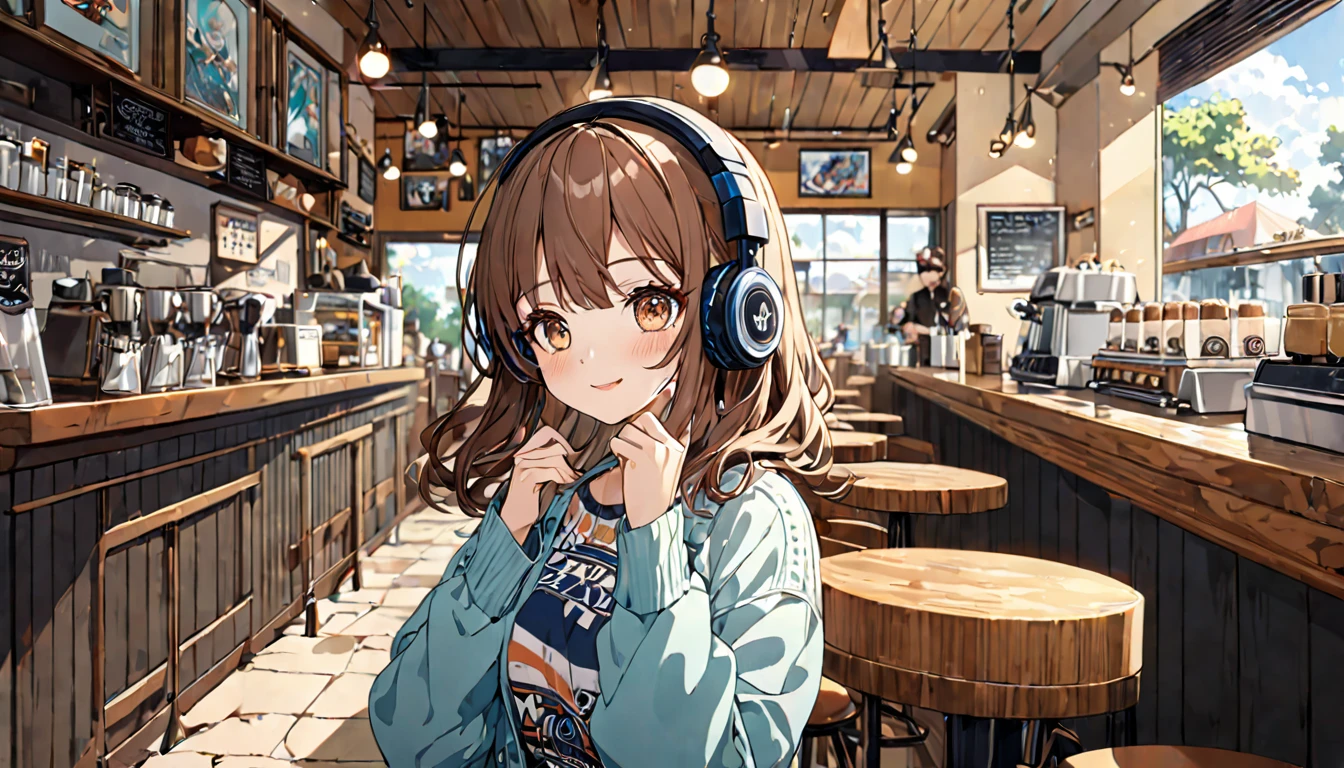 Brown-haired girl wearing headphones、A day in the cafe - very detailed、masterpiece, Highest quality, Bright - on a cafe background、Relaxed facial expression、Casual clothing、Coffee cup in hand
(Detailed fingers), (Emotional), (Breathtakingly beautiful), (main part:1.2 Whole body), (Anime Style), (Very detailed), (超High resolution, High resolution), (8k), (Complex and beautiful: 1.2)