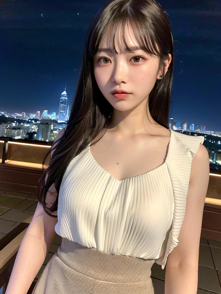 A beautiful Japanese girl is shown sitting on a rooftop in the city at night.。She was wearing a thin white off-the-shoulder dress.、Shoulders are exposed。The dress is made of light and soft material.、It brings out her delicate personality。

Her hair is disheveled,、My bangs are hanging over my forehead。The way her hair is messed up is natural.、Her expressionに無垢さと儚さを加えています。Her eyes are big、It shines in the night light.、He has a somewhat sad look on his face.。There is almost no makeup on her face、Its natural beauty stands out。

her skin is very white、It gives off a cold glow in the blue light of the night.。彼女のPauseは少し不安定で、I&#39;m sitting with my knees hugged。このPauseが彼女の無防備さと孤独感を強調しています。

The lights of the city at night are faintly reflected in the background.、Lights shining from the windows of skyscrapers and city lights can be seen in the distance.。hereby、Her surroundings are expanding、Her small presence is emphasized even more.。In contrast to the hustle and bustle of the city、Her presence is quiet and calm。

as a whole、This image is美少女の儚げで静かな美しさを見事に捉えています。Her expression、Pause、And the night view in the background becomes one with the scenery.、We create visuals that evoke deep emotions in the viewer.。This image is、It expresses her inner loneliness and outer beauty at the same time.、Very impressive。