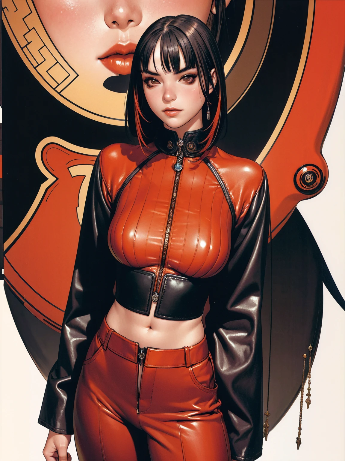 (best qualityer))), (((manga strokes))), (((black bob hair with straight bangs and red highlights))), (((wide pants with 2 side stripes))), uma Kizi jovem muito bem vestida com roupas modernas de inverno, top gift vertical stripes, short jacket with dark fur collar, beautiful and expressive face, slightly-smile, big eyes with long black eyelashes, heavy make-up, chains and zippers spread across clothes, contrasting colours, pose de atitude, hair with a modern and futuristic cut, urban game poster art, dramatic camera angles, graffiti art elements in the background, design mixing contemporary and retro by Shepard Fairey, (((cowboy shot))), (((best qualityer: 1.4))), (Unbeatable masterpiece), (hiper HD),(CG 8k hyper-realistic), Kizi, (((standing alone))), pirralha violent, ((())), sexly, pose de atitude, work of art, post-apocalypse, (((manga style))), bounty hunter, violent, Manic, the way you want, slenderbody, thin but strong, perfectbody, roupa moderna, advanced technology, neon, sleeves with vertical striped pattern, neutral background, (( cowboy shot )). intricate visual