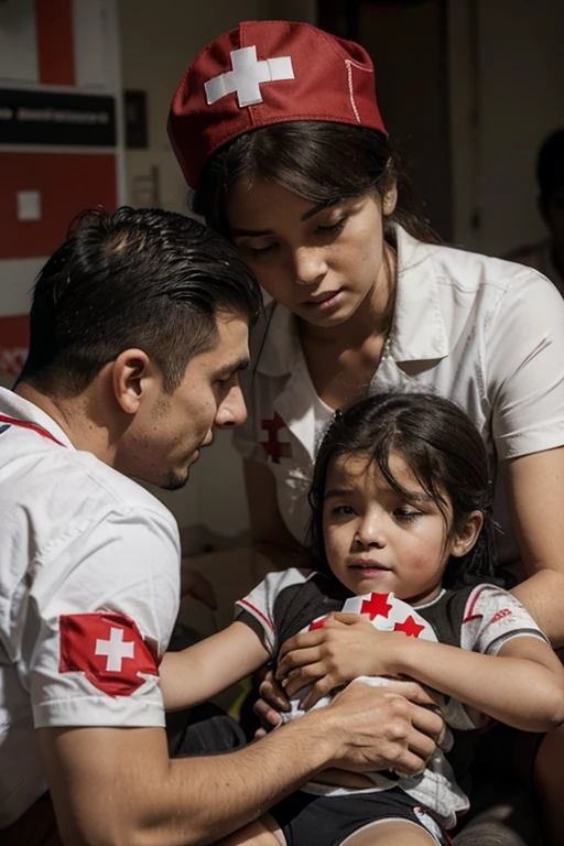 a man with red cross emblem helping children in a war zone