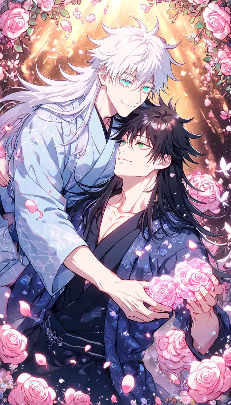 Ultra detailed, HDR, Highres, absurdres, master piece, Gojou Satoru, white hair, long hair, white eyelashes, expressive blue eyes, Chinese light blue robes, Fushiguro Megumi, black hair, long hair, expressive green eyes, Jujutsu Kaisen, two sexy men together, Chinese light blue robes with patterns, Heaven Official's blessing, gay couple, yaoi, love, pink glittering butterflies, pink ice, petals, pink ice glass roses, sexy man, sensual, handsome, glittering, water, fantasy, magical, manly man, handsome smile,