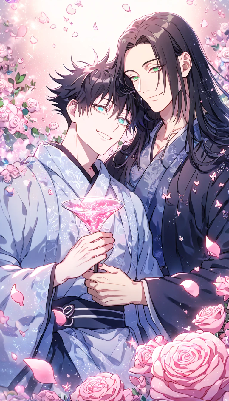 Ultra detailed, HDR, Highres, absurdres, master piece, Gojou Satoru, white hair, long hair, white eyelashes, expressive blue eyes, Chinese light blue robes, Fushiguro Megumi, black hair, long hair, expressive green eyes, Jujutsu Kaisen, two sexy men together, Chinese light blue robes with patterns, Heaven Official's blessing, gay couple, yaoi, love, pink glittering butterflies, pink ice, petals, pink ice glass roses, sexy man, sensual, handsome, glittering, water, fantasy, magical, manly man, handsome smile,