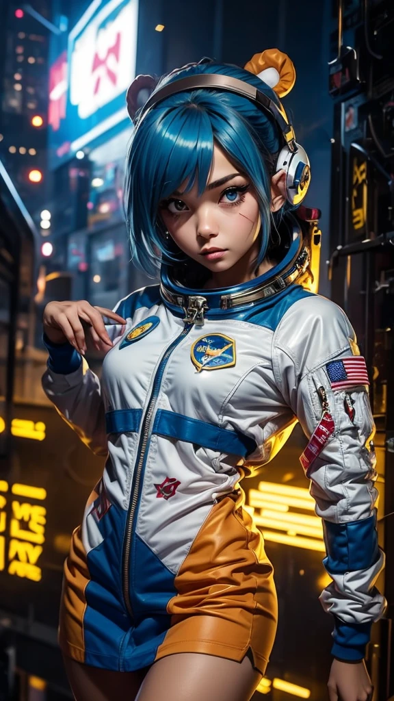 Close-up photo of a young woman, Cartoon girl in space suit with teddy bear, Vertical Anime Skirt, astronaut girl image, Molly Area, Star Guardian inspired, Short light blue hair, blue eyes, Elf race, 