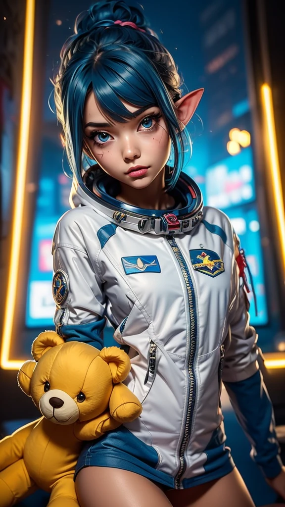 Close-up photo of a young woman, Cartoon girl in space suit with teddy bear, Vertical Anime Skirt, astronaut girl image, Molly Area, Star Guardian inspired, Short light blue hair, blue eyes, Elf race, 