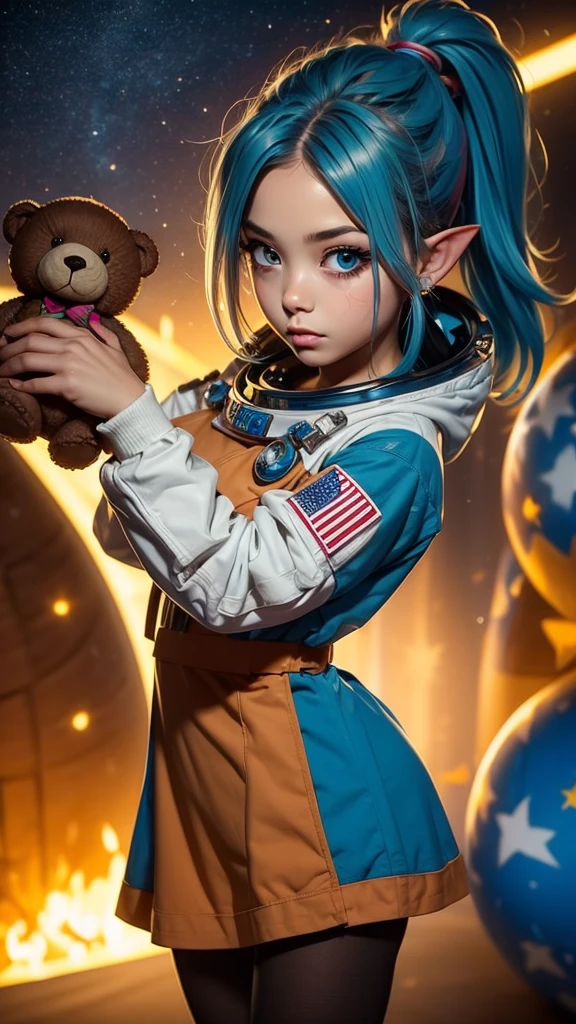 Close-up photo of a young woman, Cartoon girl in space suit with teddy bear, Vertical Anime Skirt, astronaut girl image, Molly Area, Star Guardian inspired, Short light blue hair, blue eyes, Elf race, 