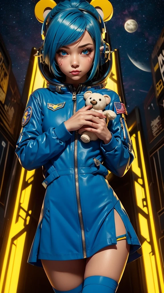 Close-up photo of a young woman, Cartoon girl in space suit with teddy bear, Vertical Anime Skirt, astronaut girl image, Molly Area, Star Guardian inspired, Short light blue hair, blue eyes, Elf race, 