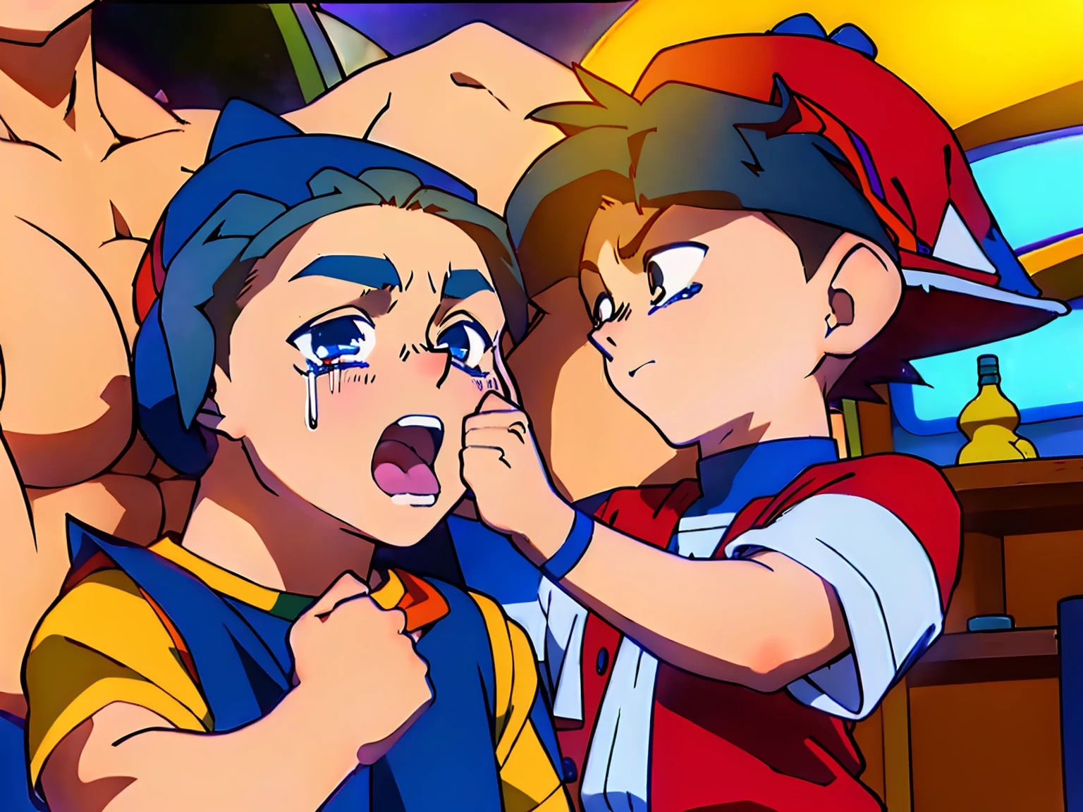 Huge muscles,cramped clothes,Young boy,,(((8-year-old boy)))Blue hat,Spiky Hair,Red vest,An innocent smile,Double teeth,Huge penis,rape,Orgy,Passionate kissing,A dull face