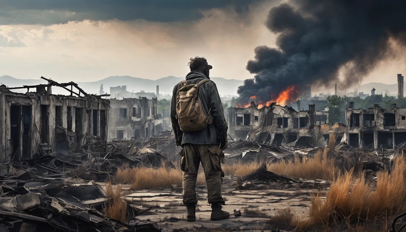 A post-apocalyptic landscape with abandoned buildings and overgrown vegetation. A lone survivor in tattered clothes scavenges through the ruins, a ruined cityscape in the background. Smoke rises from distant fires, and the sky is filled with ominous clouds. Ultra-high definition, sharp details, dramatic camera sweep from the ground up to the sky.