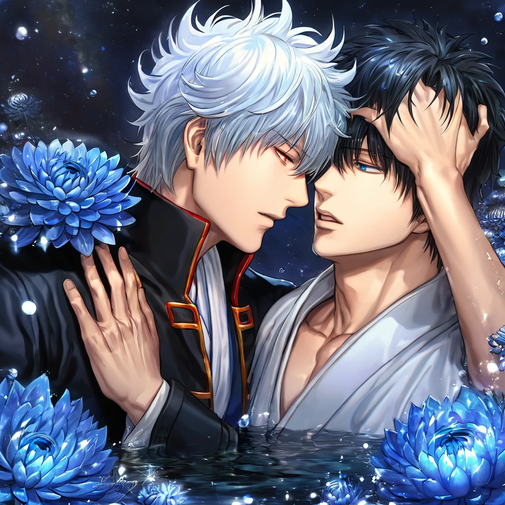 absurdres, highres, ultra detailed, HDR, master piece, best quality, extremely detailed, Sakata Gintoki, white hair, expressive red eyes, Gintama, Hijikata Toshiro, black hair, expressive blue eyes, two sexy men together, yaoi, gay couple, handsome, white kimono, blak military clothes, fantasy, water, sparkling, blue glittering fireflies, blue moon, blue blossoms, blue chrysanthemums, blue sparkling lights, starry sky, magical