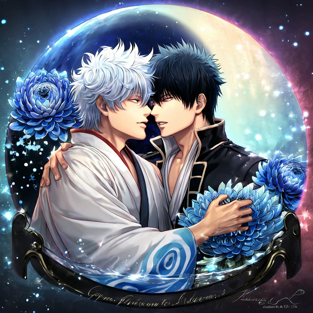 absurdres, highres, ultra detailed, HDR, master piece, best quality, extremely detailed, Sakata Gintoki, white hair, expressive red eyes, Gintama, Hijikata Toshiro, black hair, expressive blue eyes, two sexy men together, yaoi, gay couple, handsome, white kimono, blak military clothes, fantasy, water, sparkling, blue glittering fireflies, blue moon, blue blossoms, blue chrysanthemums, blue sparkling lights, starry sky, magical