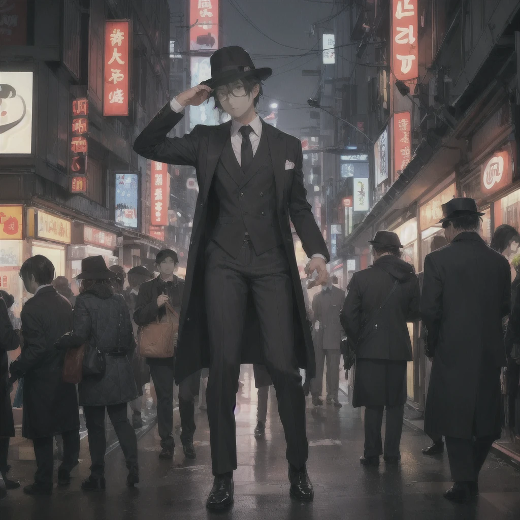 Amidst the bustling streets of Tokyo, Taro Sato stood at the edge of Shibuya Crossing, his dark hair catching the glow of neon lights. His figure cut a striking contrast against the vibrant backdrop—a tailored navy suit that spoke of sophistication, complemented by a classic detective’s hat perched atop his head. The hat, dark grey with a wide brim, lent an air of timeless mystery and authority.
In his right hand, Taro held a sleek, black handgun, its polished surface reflecting the city’s dazzling lights. The weapon was discreetly yet firmly gripped, suggesting readiness without overt aggression. The contrasting elements of his attire—the formal suit, the detective’s hat, and the gun—painted a complex portrait of a man who navigated Tokyo's vibrant chaos with a sharp, focused purpose.
As he stood in the midst of the frenetic crowd, the rhythmic pulse of Tokyo seemed to blur around him. His eyes, keen and alert, scanned the sea of faces and neon signs. He briefly stepped into a quieter alleyway, where the high-energy atmosphere of the main streets gave way to the softer glow of a ramen shop. The warm light from within offered a brief respite, casting a gentle illumination on his face and the gun he held. In this blend of chaos and calm, Taro Sato remained a figure of both intrigue and vigilance, perfectly at home in the city’s ever-shifting landscape.