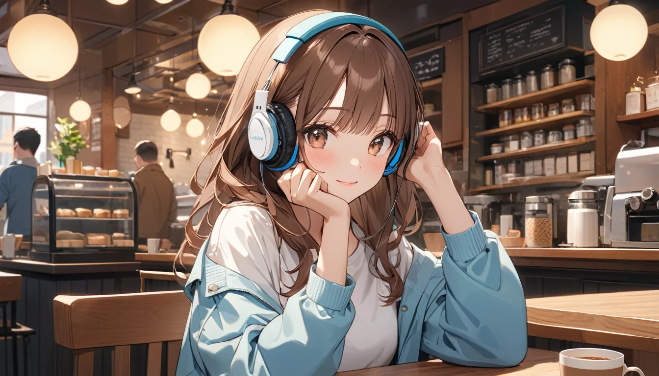 Brown-haired girl wearing headphones、A day in the cafe - very detailed、masterpiece, Highest quality, Bright - on a cafe background、Relaxed facial expression、Casual clothing、Coffee cup in hand
(Detailed fingers), (Emotional), (Breathtakingly beautiful), (main part:1.2 Whole body), (Anime Style), (Very detailed), (超High resolution, High resolution), (8k), (Complex and beautiful: 1.2)