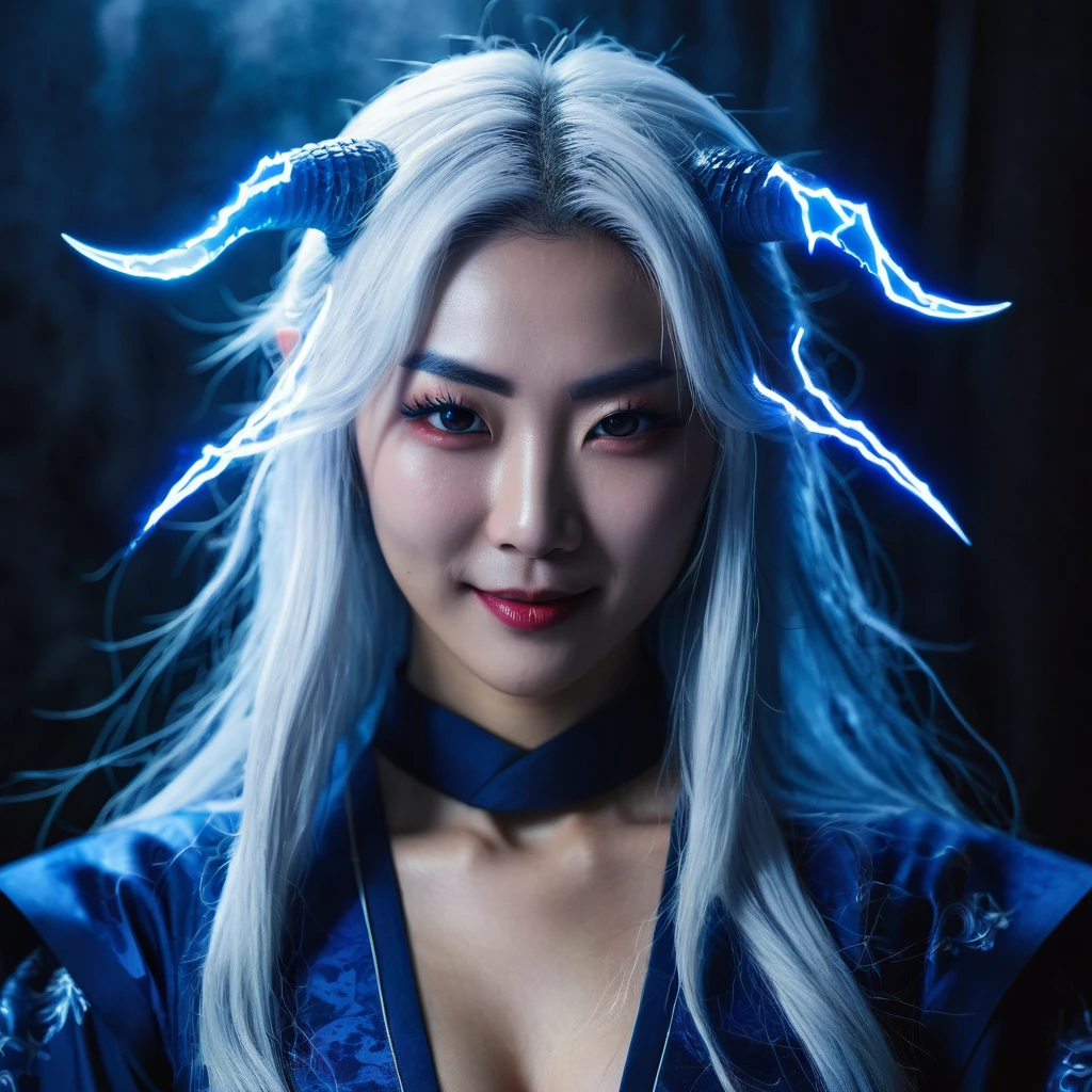 I want a human with eyes covered by a lightning aura and a woman of Japanese ethnicity, I want her to have a hideous smiling expression, and an extremely strong blue demonic aura that surrounds his entire being, this woman has two horns that are covered by lightning and will have long white hair, and wore a sensual Japanese outfit, will have eyes covered in dark blue rays and appear to be 24 years old at most. captured in an ultra-realistic full HD 4K portrait, detailed texture showing its menacing shape, Immersive atmosphere, high definition shadow play, digitalpainting, nevoa no environment. I want a different monster from each other and make the image darker, obscure, creating a dark and dimly lit horror atmosphere!