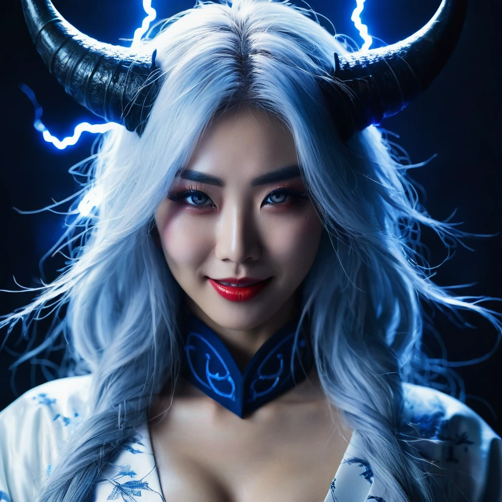 I want a human with eyes covered by a lightning aura and a woman of Japanese ethnicity, I want her to have a hideous smiling expression, and an extremely strong blue demonic aura that surrounds his entire being, this woman has two horns that are covered by lightning and will have long white hair, and wore a sensual Japanese outfit, will have eyes covered in dark blue rays and appear to be 24 years old at most. captured in an ultra-realistic full HD 4K portrait, detailed texture showing its menacing shape, Immersive atmosphere, high definition shadow play, digitalpainting, nevoa no environment. I want a different monster from each other and make the image darker, obscure, creating a dark and dimly lit horror atmosphere!
