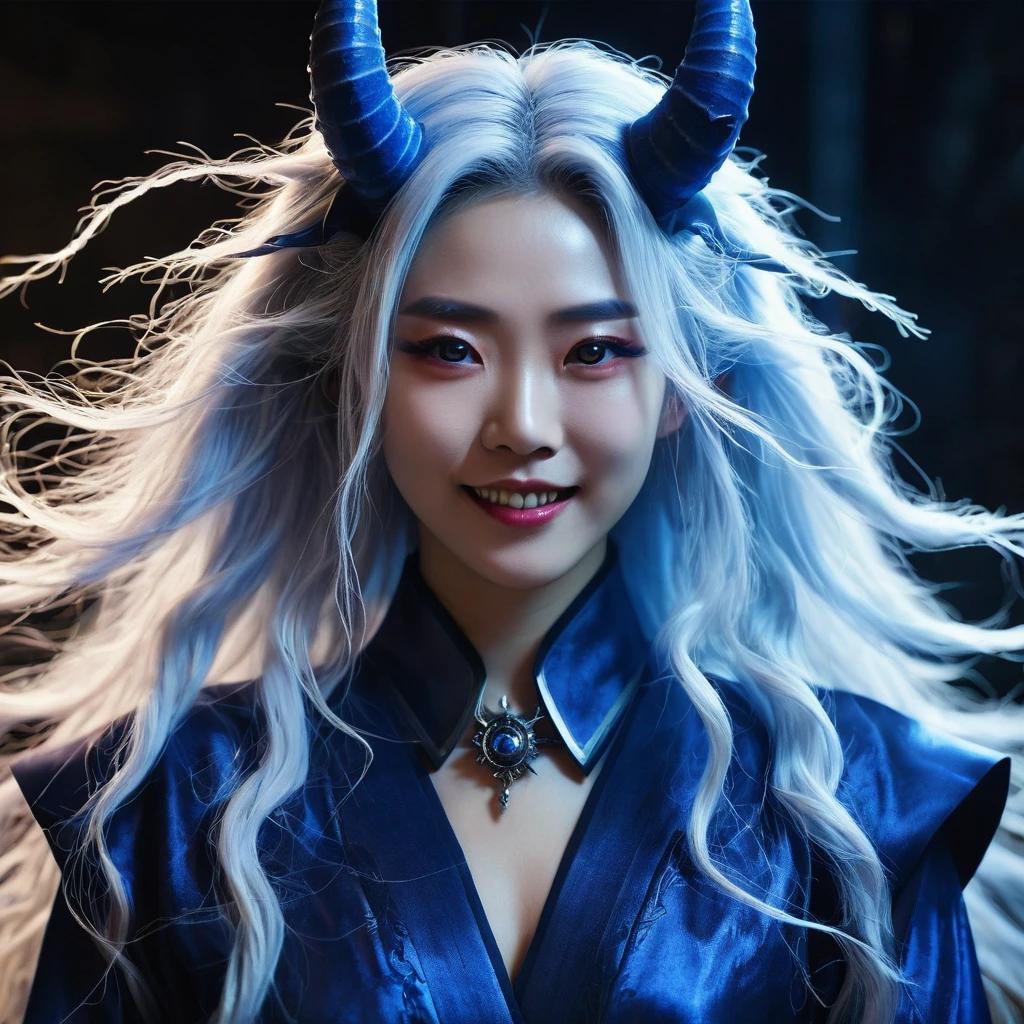 I want a human with eyes covered by a lightning aura and a woman of Japanese ethnicity, I want her to have a hideous smiling expression, and an extremely strong blue demonic aura that surrounds his entire being, this woman has two horns that are covered by lightning and will have long white hair, and wore a sensual Japanese outfit, will have eyes covered in dark blue rays and appear to be 24 years old at most. captured in an ultra-realistic full HD 4K portrait, detailed texture showing its menacing shape, Immersive atmosphere, high definition shadow play, digitalpainting, nevoa no environment. I want a different monster from each other and make the image darker, obscure, creating a dark and dimly lit horror atmosphere!