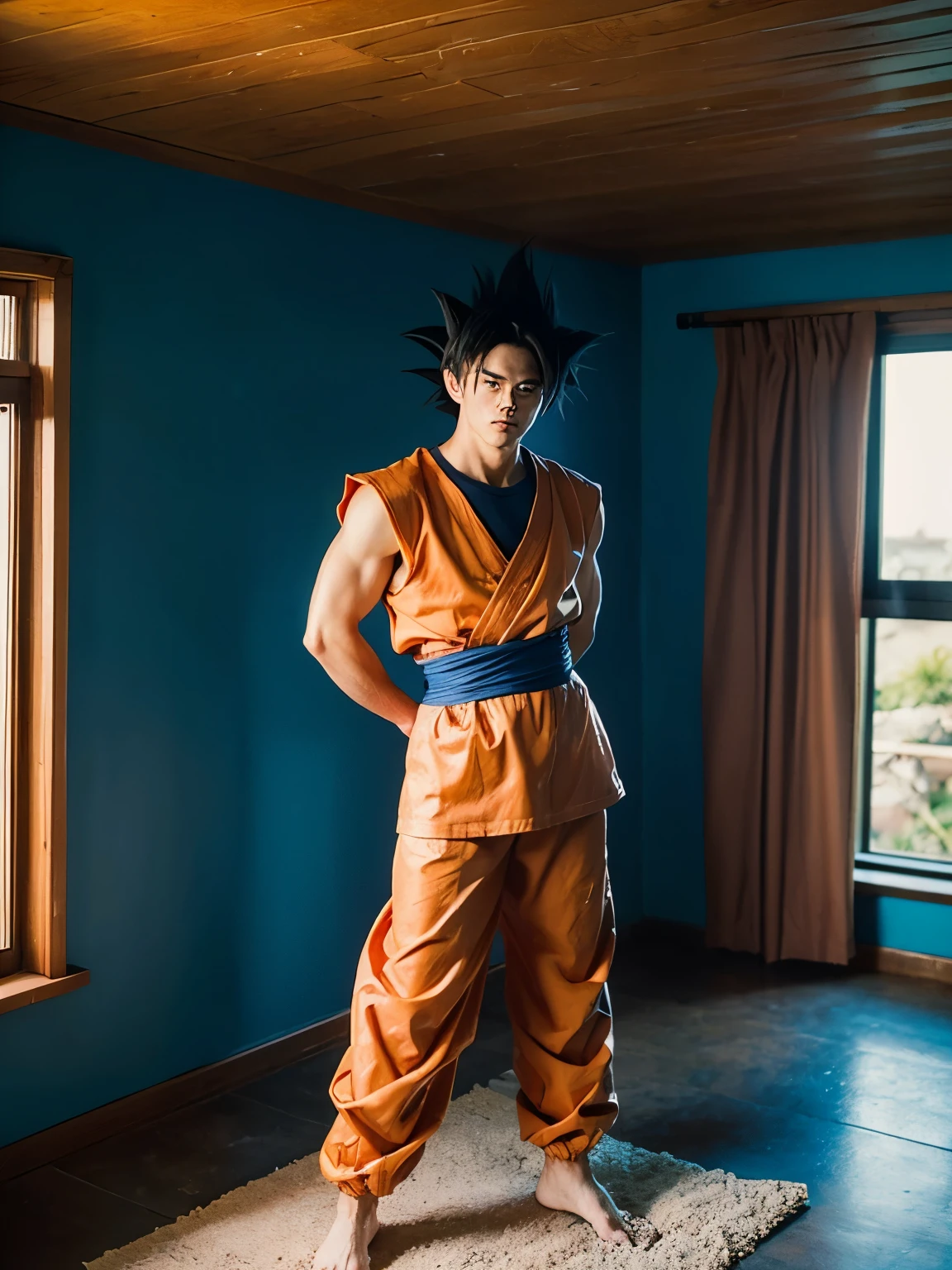 (Meat quality:1.2, masterpiece:1.2), ((1man)), professional lighting, cinematic lighting, realistic & detailed portrait of Son Goku, DBZ, well-composed artworkA proud epic character and a beautiful, realistic scene behind the scenes. Get ready for a visual feast with the handsome 20 year old God Goku with symmetrical red eyes, a handsome face, simple detailed dark blue clothes, a good body, In his transformed state, wearing orange clothes, bare foots, attic room, pink painted wall, opened bay window with curtain, view ocean & palms trees via bay window, standing, 