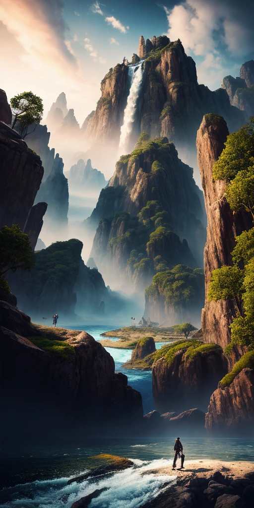 Masterpiece, best quality, high quality, extremely detailed CG unity 8k wallpaper, landscape, outdoor, sky, cloud, sky, no humans, mountain, landscape, water, tree, blue sky, waterfall, cliff, nature, lake, river , cloudy skies, award winning photography, bokeh, depth of field, HDR, bloom, chromatic aberration, photorealism, very detailed, trending on artstation, trending on CGsociety, intricate, high detail, dramatic, midjourney art