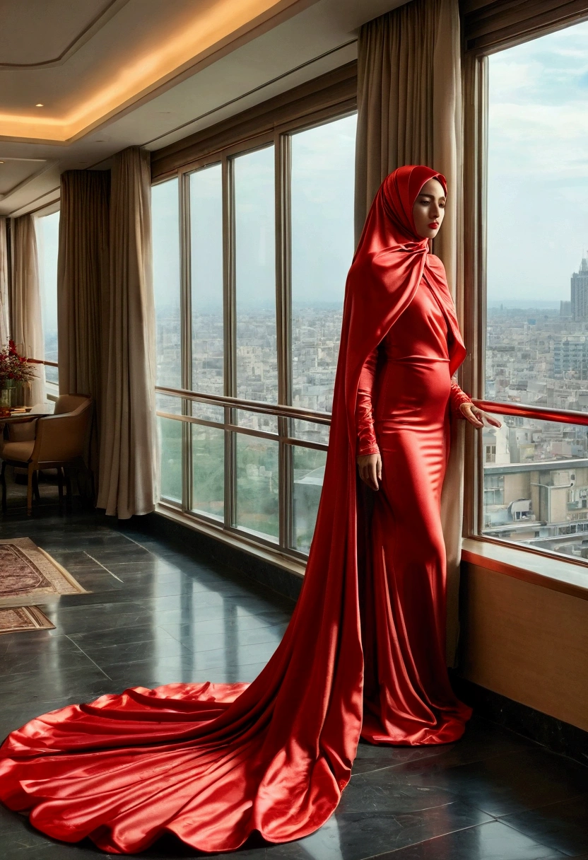 An alluring woman shrouded in a 4-meter-long, plush red satin cloth, tightly bound and grandly draping along the form of her body, flowing off into a pooled floor-length train, styled in a mermaid-inspired outfit, her head modestly veiled in a satin hijab, overloong outfit stuck in something, in hotel room,stand in balcony,a full-body pose conveying a sense of mysterious elegance, captured in a 4k resolution, ultra-realistic