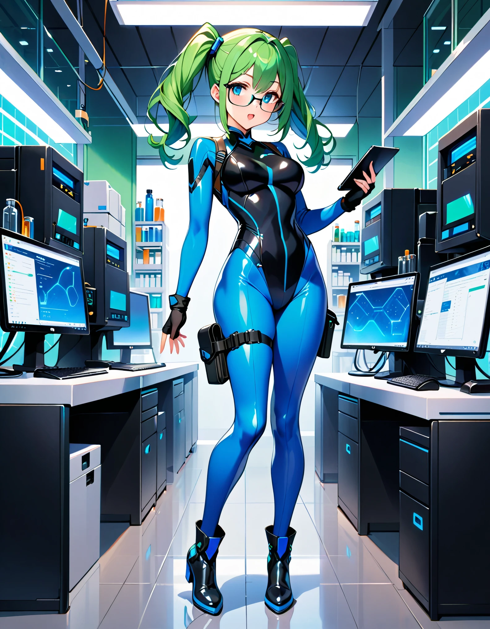 masterpiece, highly detailed, best quality, high quality, 1girl, (solo, solo focus), blue eyes, (cute eyes), beautiful detailed eyes, beautiful detailed face, perfect hands, complete fingers, perfect anatomy, perfect proportions, full body, gloves, green hair, pigtails, (blue skintight bodysuit, (vibrant black leotard)), kochiy sanae, open mouth, (pistol holster, thigh holster, thigh strap), (full blue pantyhose, skintight blue leggings, perfect fit), ((glasses)), black boots, matching boots, fingerless gloves. laboratory, computers, holding tablet, curious look, standing. full body costume design