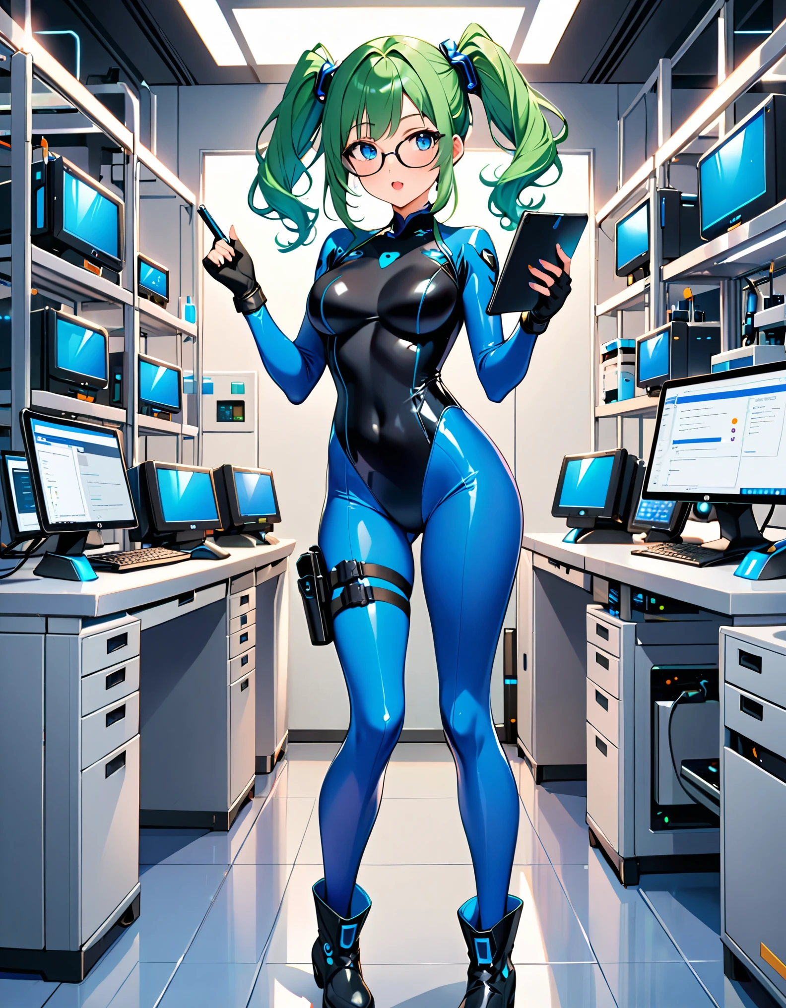 masterpiece, highly detailed, best quality, high quality, 1girl, (solo, solo focus), blue eyes, (cute eyes), beautiful detailed eyes, beautiful detailed face, perfect hands, complete fingers, perfect anatomy, perfect proportions, full body, gloves, green hair, pigtails, (blue skintight bodysuit, (vibrant black leotard)), kochiy sanae, open mouth, (pistol holster, thigh holster, thigh strap), (full blue pantyhose, skintight blue leggings, perfect fit), ((glasses)), black boots, matching boots, fingerless gloves. laboratory, computers, holding tablet, curious look, standing. full body costume design