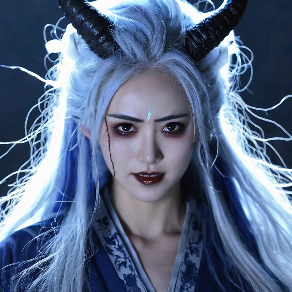 I want a human with eyes covered by a lightning aura and a woman of Japanese ethnicity, I want her to have a hideous smiling expression, and an extremely strong blue demonic aura that surrounds his entire being, this woman has two horns that are covered by lightning and will have long white hair, and wore a sensual Japanese outfit, will have eyes covered in dark blue rays and appear to be 24 years old at most. captured in an ultra-realistic full HD 4K portrait, detailed texture showing its menacing shape, Immersive atmosphere, high definition shadow play, digitalpainting, nevoa no environment. I want a different monster from each other and make the image darker, obscure, creating a dark and dimly lit horror atmosphere!