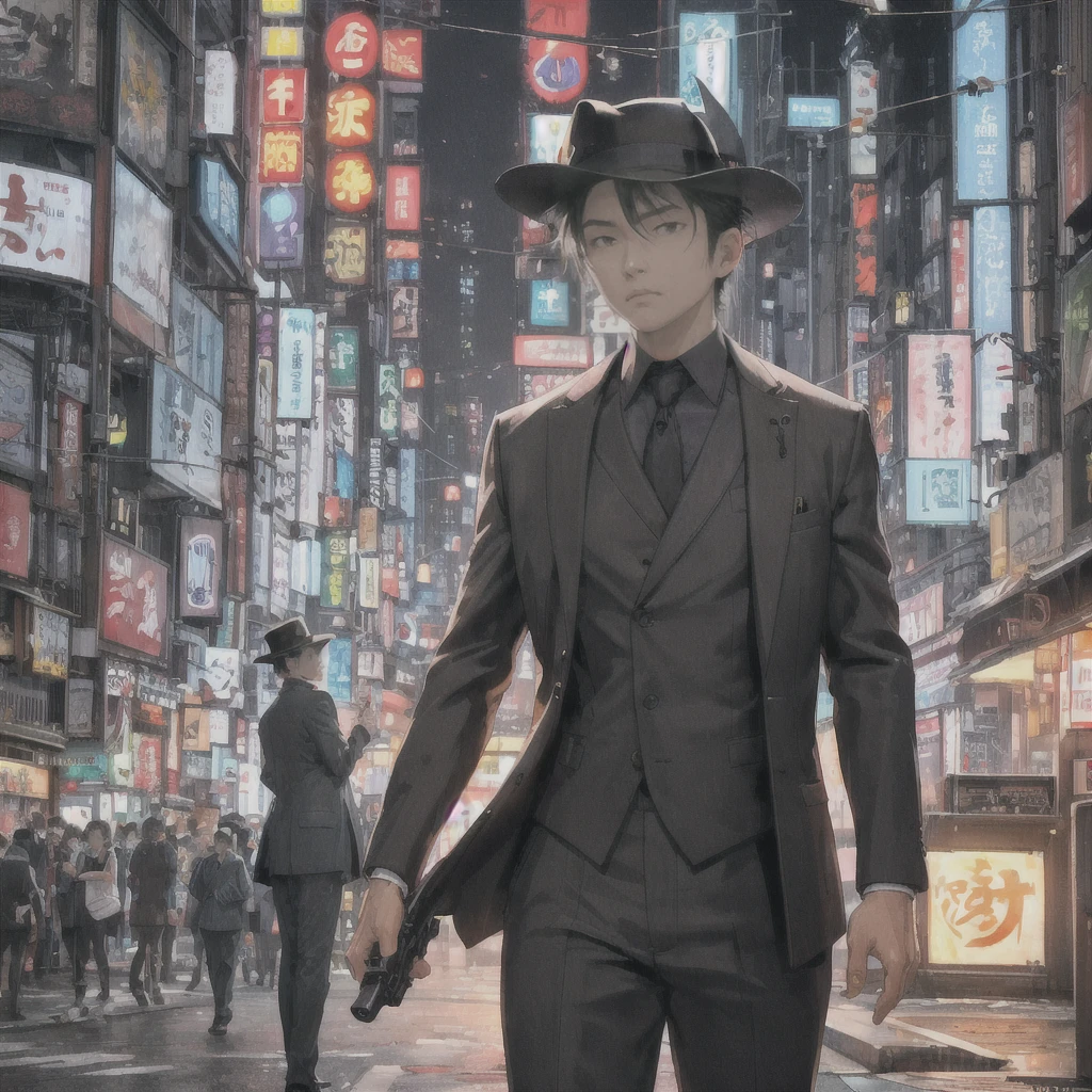 Amidst the bustling streets of Tokyo, Taro Sato stood at the edge of Shibuya Crossing, his dark hair catching the glow of neon lights. His figure cut a striking contrast against the vibrant backdrop—a tailored navy suit that spoke of sophistication, complemented by a classic detective’s hat perched atop his head. The hat, dark grey with a wide brim, lent an air of timeless mystery and authority.

In his right hand, Taro held a sleek, black handgun, its polished surface reflecting the city’s dazzling lights. The weapon was discreetly yet firmly gripped, suggesting readiness without overt aggression. The contrasting elements of his attire—the formal suit, the detective’s hat, and the gun—painted a complex portrait of a man who navigated Tokyo's vibrant chaos with a sharp, focused purpose.

As he stood in the midst of the frenetic crowd, the rhythmic pulse of Tokyo seemed to blur around him. His eyes, keen and alert, scanned the sea of faces and neon signs. He briefly stepped into a quieter alleyway, where the high-energy atmosphere of the main streets gave way to the softer glow of a ramen shop. The warm light from within offered a brief respite, casting a gentle illumination on his face and the gun he held. In this blend of chaos and calm, Taro Sato remained a figure of both intrigue and vigilance, perfectly at home in the city’s ever-shifting landscape.