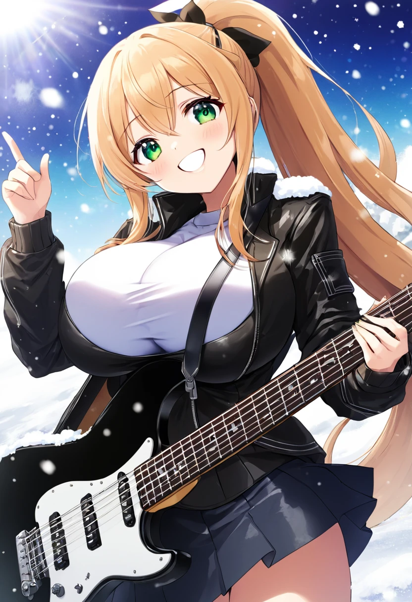 Manga Suou　snow、（Highest quality、masterpiece、Finely and neatly、美しいanime、Shining Eyes）guitar、band、long hair、One Girl、cute、cool、Leather jacket（black）、短めのblackの短パン、Large Breasts、Beautiful Face、smile、looks fun、high school student、、anime、２dimension、ponytail