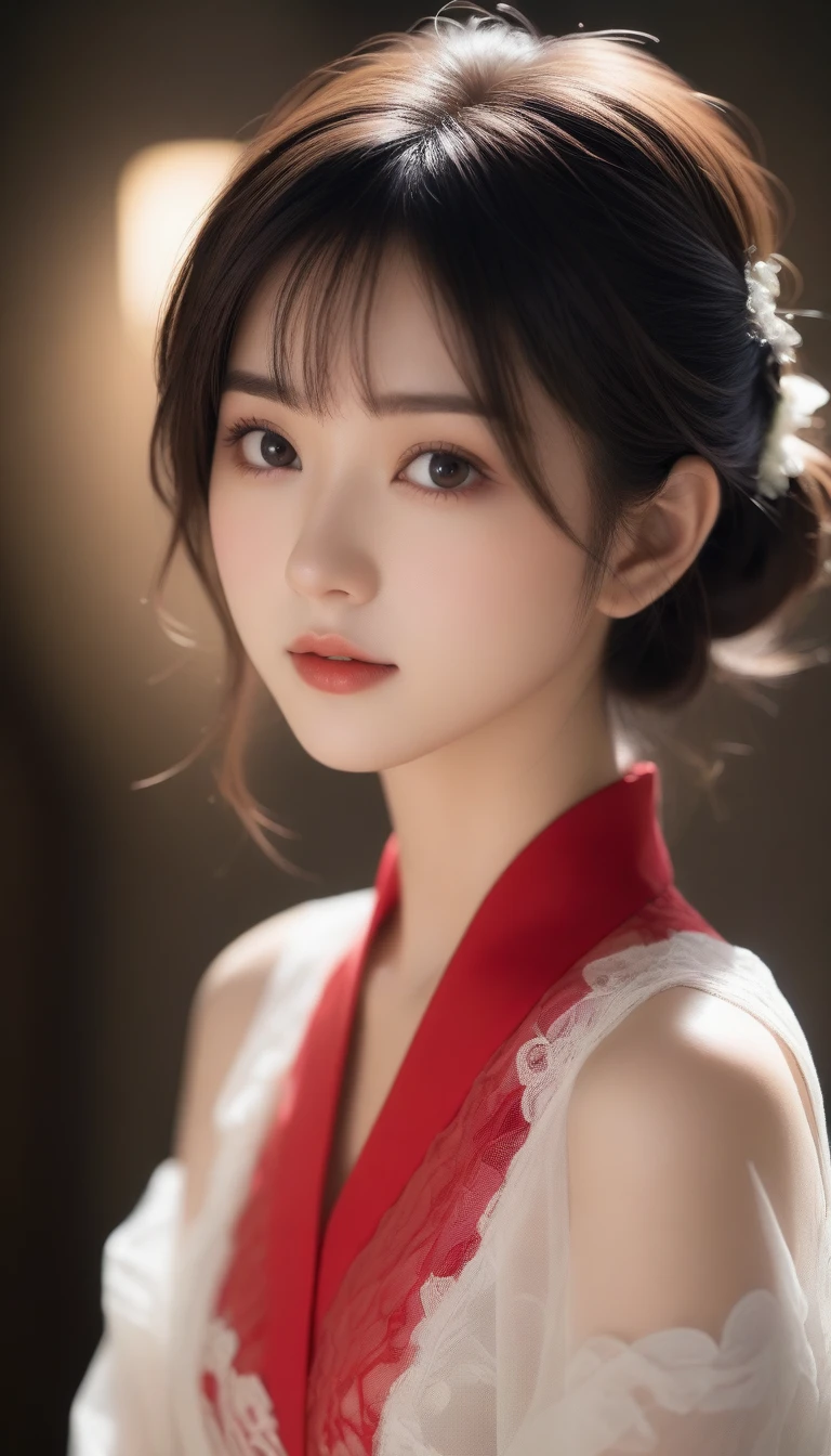 8k, Ultra-high resolution, Highest quality, masterpiece, 三分割法によるphotograph,Surreal, photograph, 1 Girl, (:1.3), pretty girl, Cute Face, Beautiful eyes in every detail, 細かくdetailedに,masterpiece,One Girl:1.2,Japanese female announcer,cowboy shot,disgust,Black short hair,Messy bun hair,Red lace lingerie, See through, Look forward, Standing posture, Opposition, Dynamic Lighting, Sharp contours, Light from above, Low contrast, (Side view),Perfect and beautiful face ,完璧でCute Face, Skin with attention to detail, Perfect limbs、Narrow waist,Looking at the audience,(((Ideal body type))),A cup small breasts :2,Portraiture:2,Perfect Anatomy,鮮明なdetailed,detailed,Surreal,Light and shadow,spotlight