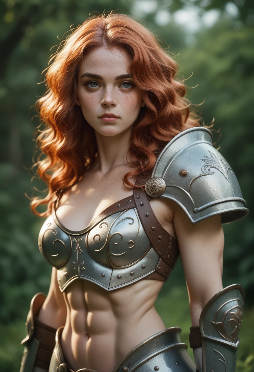 ((high resolution)), ((pale skin)), freckled, redhead ((19 year old)) girl, ((medium breasts)), six pack abs, thin body, long wavy hair, as a fantasy warrior, sexy armor