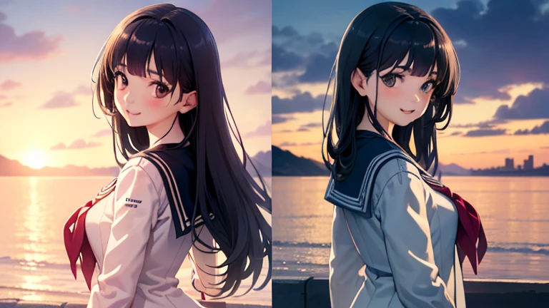 Long Hairで歩く女の子,Rear view,In heaven、In town、Sunset、Slope、(Highly detailed CG Unity 8K wallpapers, Highest quality, Very detailed, High resolution, masterpiece, Realistic, photoRealistic:1.5), (Cute Japanese Girl), Very detailed顔, Face Focus, Beautiful attention to detail, Eye focus, (Detailed Background), Detailed clothing, Very detailed肌, Japanese school girl uniform:1.5), (Sailor suit uniform:1.5),, (美しい港街のSlopeの背景:1.5), Long Hair, Black Hair, Mid-chest, Medium sized butt, (compensate), (Adorable smile:1.3), (throw:1.6),、Perfect body、1 female、From behind, Walk Away, sunset,