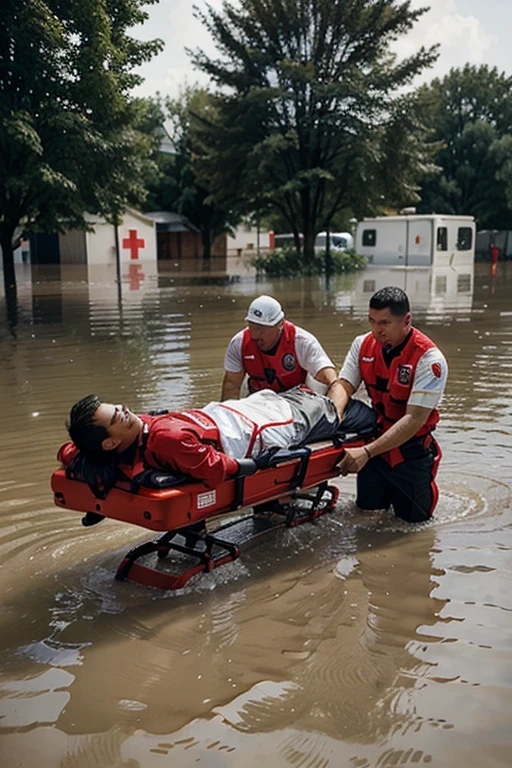 several men with red cross emblem, They carry a man on a stretcher, coming out of a flood
