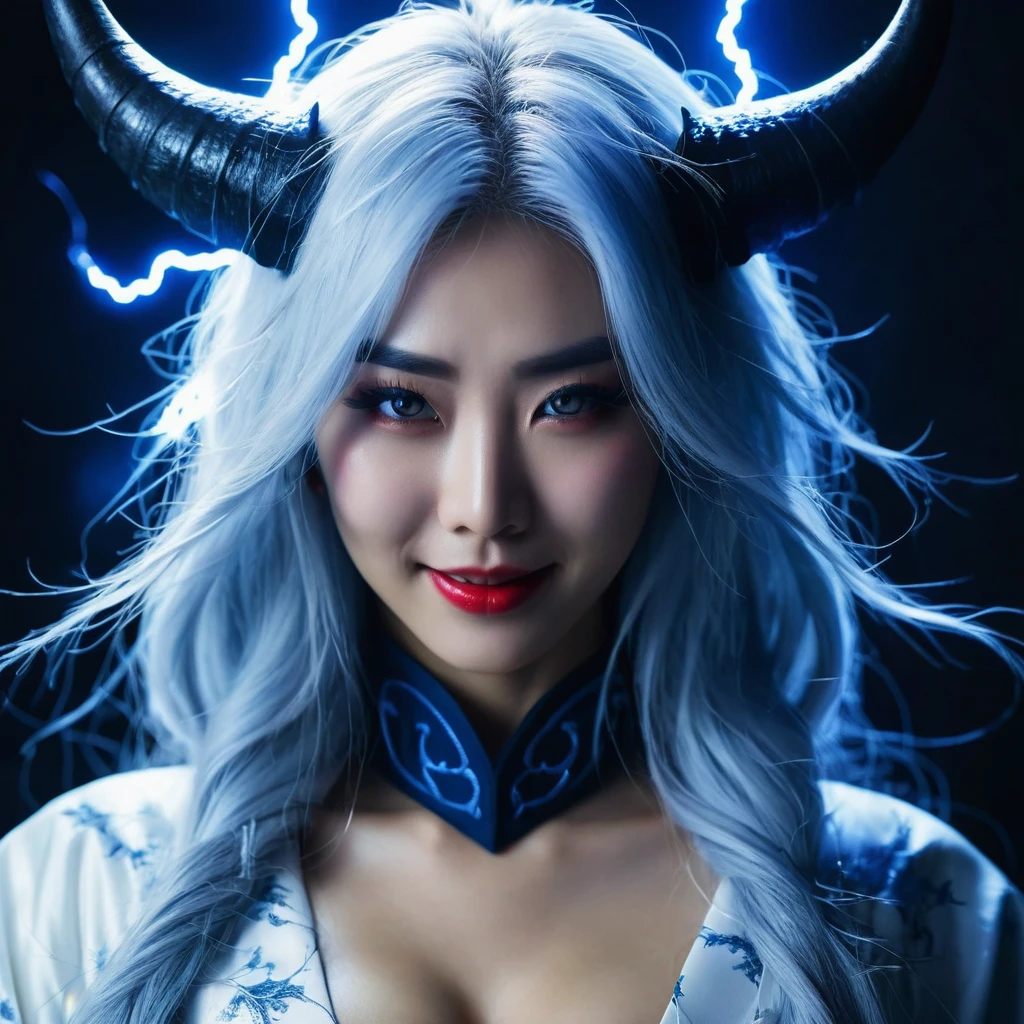 I want a human with eyes covered by a lightning aura and a woman of Japanese ethnicity, I want her to have a hideous smiling expression, and an extremely strong blue demonic aura that surrounds his entire being, this woman has two horns that are covered by lightning and will have long white hair, and wore a sensual Japanese outfit, will have eyes covered in dark blue rays and appear to be 24 years old at most. captured in an ultra-realistic full HD 4K portrait, detailed texture showing its menacing shape, Immersive atmosphere, high definition shadow play, digitalpainting, nevoa no environment. I want a different monster from each other and make the image darker, obscure, creating a dark and dimly lit horror atmosphere!