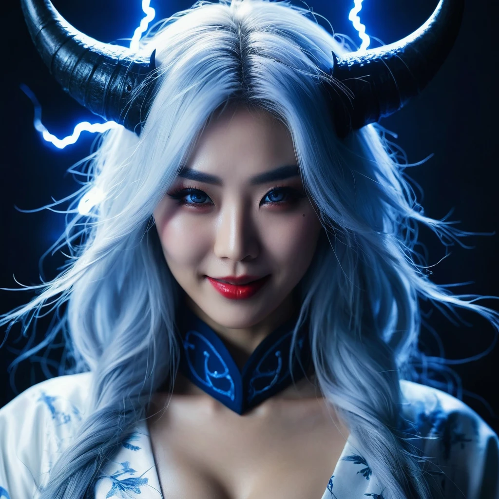 I want a human with eyes covered by a lightning aura and a woman of Japanese ethnicity, I want her to have a hideous smiling expression, and an extremely strong blue demonic aura that surrounds his entire being, this woman has two horns that are covered by lightning and will have long white hair, and wore a sensual Japanese outfit, will have eyes covered in dark blue rays and appear to be 24 years old at most. captured in an ultra-realistic full HD 4K portrait, detailed texture showing its menacing shape, Immersive atmosphere, high definition shadow play, digitalpainting, nevoa no environment. I want a different monster from each other and make the image darker, obscure, creating a dark and dimly lit horror atmosphere!