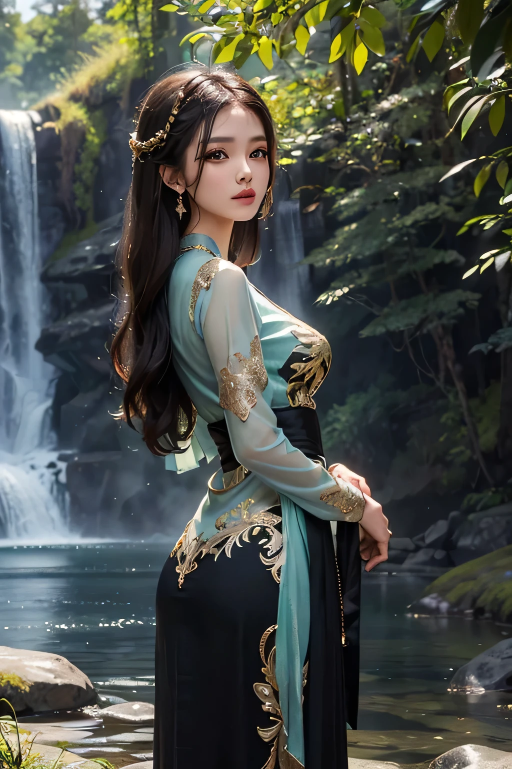 ((best quality)), ((masterpiece)), (detailed), woman, black long hair with javanese black and gold gown kebaya attire in forest with waterfall
