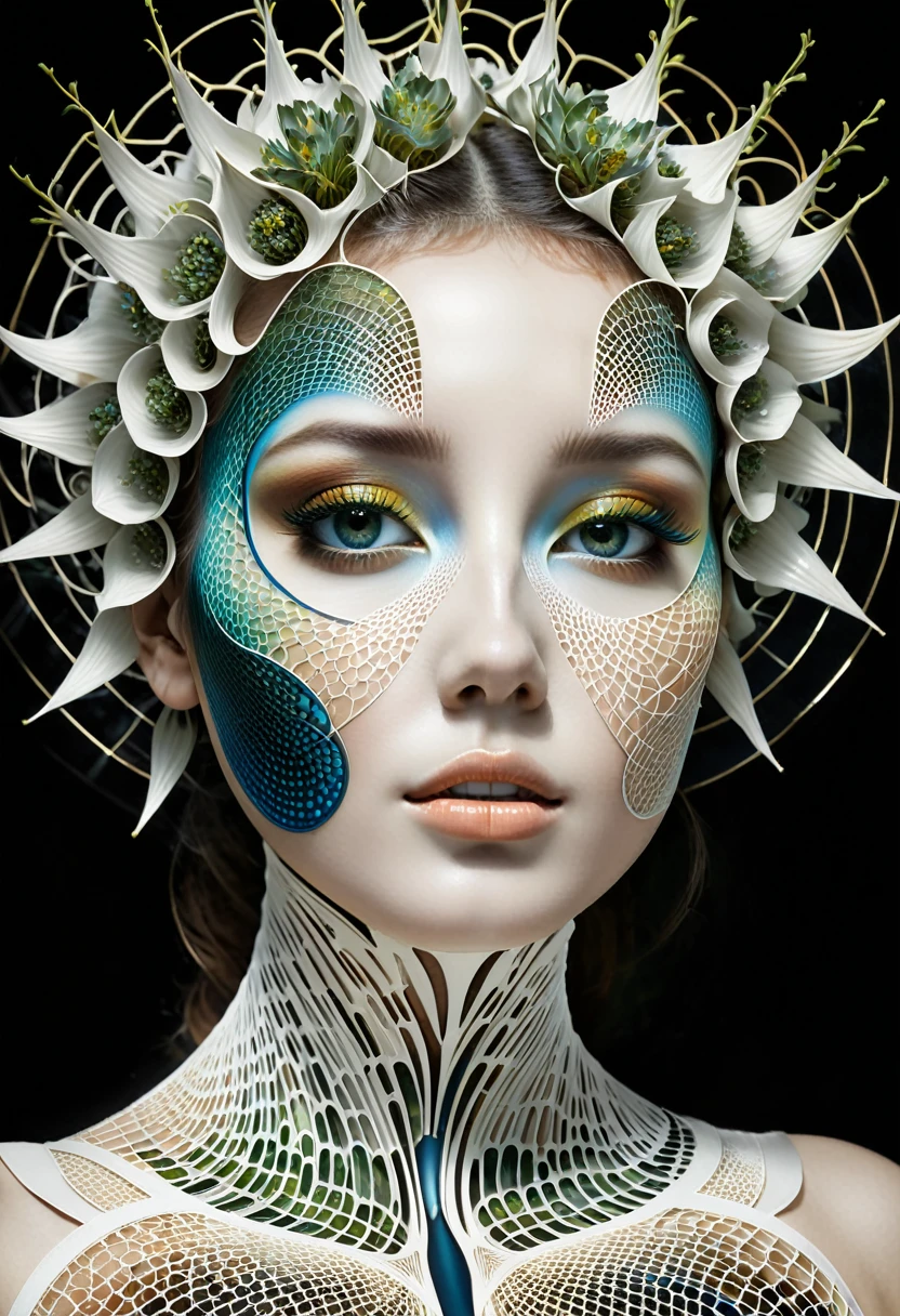 An extraordinary modern art piece inspired by Lee Bontecou, showcasing an abstract human face in striking white hues against a dark backdrop. The face is constructed through a network of interconnected lines, forming a captivating polygonal mesh that seamlessly blends geometric dimensions with organic forms. The top of the head bursts with a mesmerizing color gradient, transitioning from a deep blue towards the crown to a vibrant rainbow of hues at the bottom. The right eye is more pronounced, drawing attention, while the slightly parted lips "Woman and Fractal Landscape" by Adda Barrios captures the enchanting fusion of human elegance and the intricate beauty of fractal landscapes, effortlessly blending natural and mathematical artistry. The woman's hair is a cascade of earthy tones with luminous accents, while her skin features a subtle gradient that mirrors the dynamic variations of fractal surfaces. Her gown, an intricate work of fractal-inspired design, flows like a natural terrain, adorned with patterns that mimic the contours and textures of fractals. The background is a breathtaking fractal landscape with rugged mountains, rolling hills, and winding rivers, evolving from soft pastels to vibrant, saturated hues. The woman stands gracefully, her hand touching the landscape, her expression conveying wonder and tranquility. The gown's an element of expression. This unique artwork masterfully combines modern and artistic aesthetics, creating a harmonious balance between geometric and organic elements. The cinematic composition captures the essence of architecture and the human form, inviting the viewer to explore the depths of this captivating creation., architecture, vibrant, cinematic