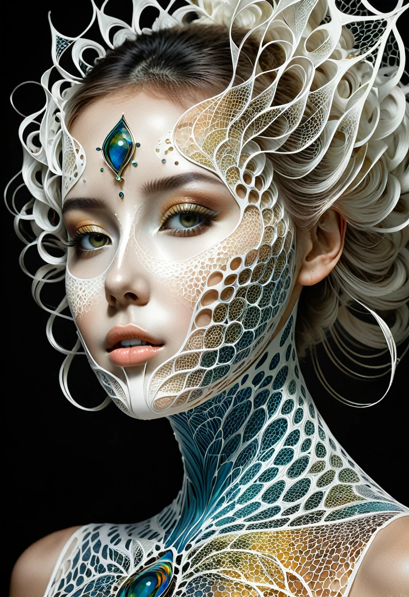 An extraordinary modern art piece inspired by Lee Bontecou, showcasing an abstract human face in striking white hues against a dark backdrop. The face is constructed through a network of interconnected lines, forming a captivating polygonal mesh that seamlessly blends geometric dimensions with organic forms. The top of the head bursts with a mesmerizing color gradient, transitioning from a deep blue towards the crown to a vibrant rainbow of hues at the bottom. The right eye is more pronounced, drawing attention, while the slightly parted lips "Woman and Fractal Landscape" by Adda Barrios captures the enchanting fusion of human elegance and the intricate beauty of fractal landscapes, effortlessly blending natural and mathematical artistry. The woman's hair is a cascade of earthy tones with luminous accents, while her skin features a subtle gradient that mirrors the dynamic variations of fractal surfaces. Her gown, an intricate work of fractal-inspired design, flows like a natural terrain, adorned with patterns that mimic the contours and textures of fractals. The background is a breathtaking fractal landscape with rugged mountains, rolling hills, and winding rivers, evolving from soft pastels to vibrant, saturated hues. The woman stands gracefully, her hand touching the landscape, her expression conveying wonder and tranquility. The gown's an element of expression. This unique artwork masterfully combines modern and artistic aesthetics, creating a harmonious balance between geometric and organic elements. The cinematic composition captures the essence of architecture and the human form, inviting the viewer to explore the depths of this captivating creation., architecture, vibrant, cinematic