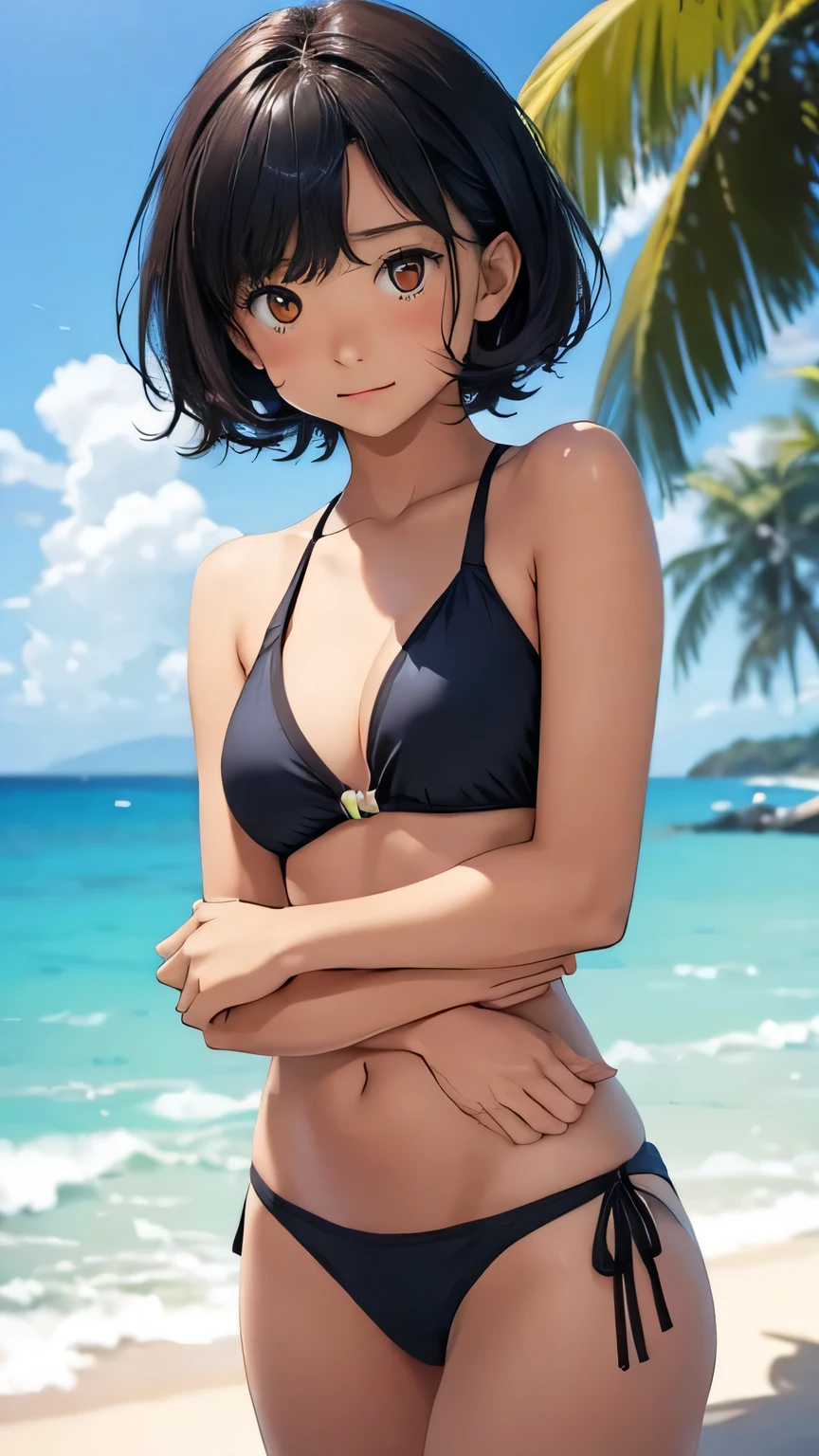 highest quality、Realistic、female、、zoom、Orange Eyes、Very short black hair、Light blue bikini、Sunburn。Dark Skin、Ocean
