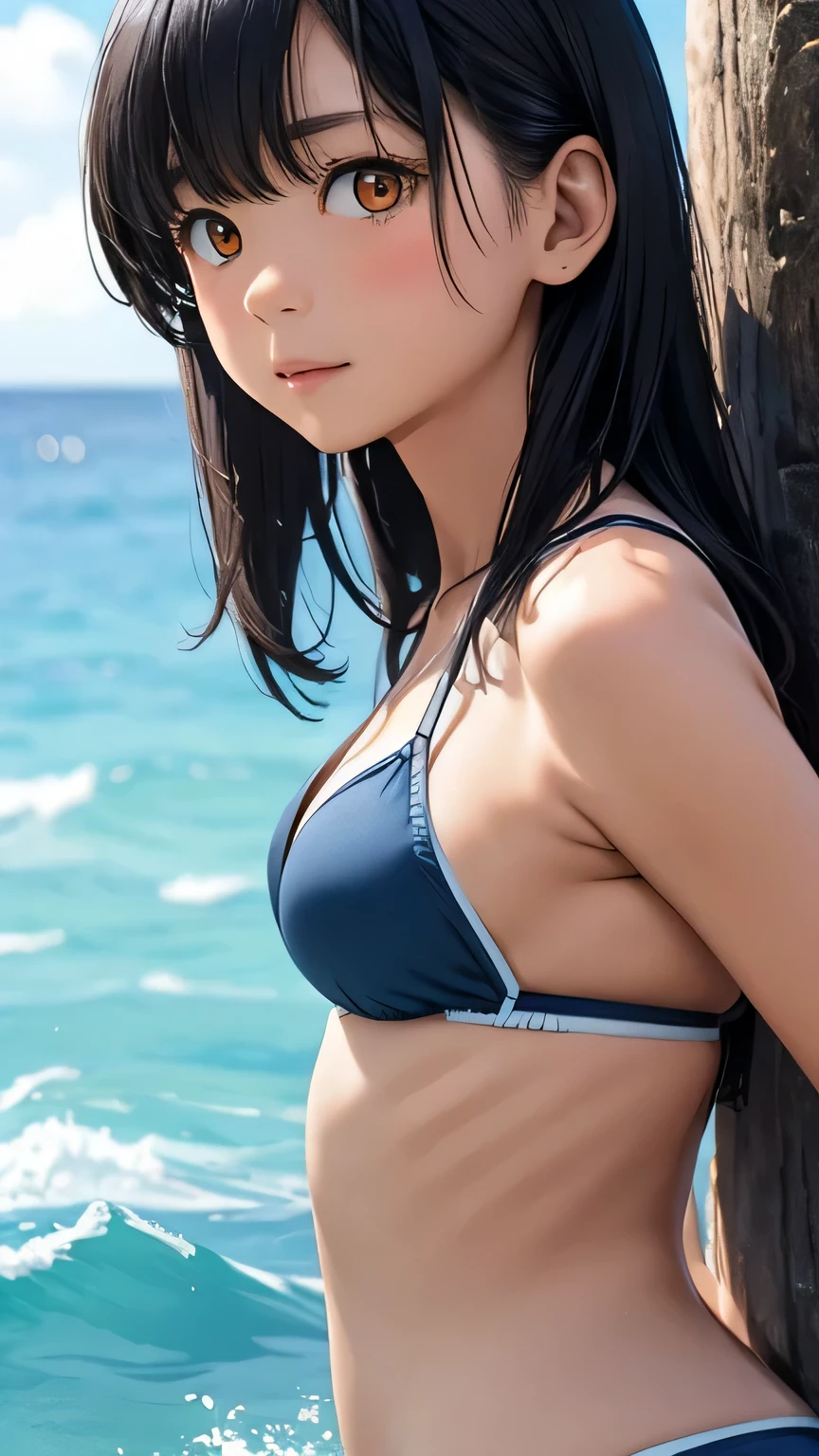 A young woman with the appearance of Asuka Saito of realistic Nogizaka 45 wearing a purple bikini lying on the beach,