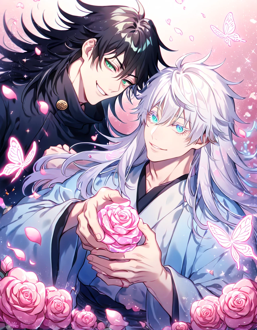 Ultra detailed, HDR, Highres, absurdres, master piece, Gojou Satoru, white hair, long hair, white eyelashes, expressive blue eyes, Chinese light blue robes, Fushiguro Megumi with long hair, black hair, expressive green eyes, Jujutsu Kaisen, two sexy men together, fantasy light blue robes with trimming, gay couple, yaoi, love, pink glittering butterflies, pink ice, petals, pink ice glass roses, sexy man, sensual, handsome, glittering, water, fantasy, magical, manly man, handsome smile,
