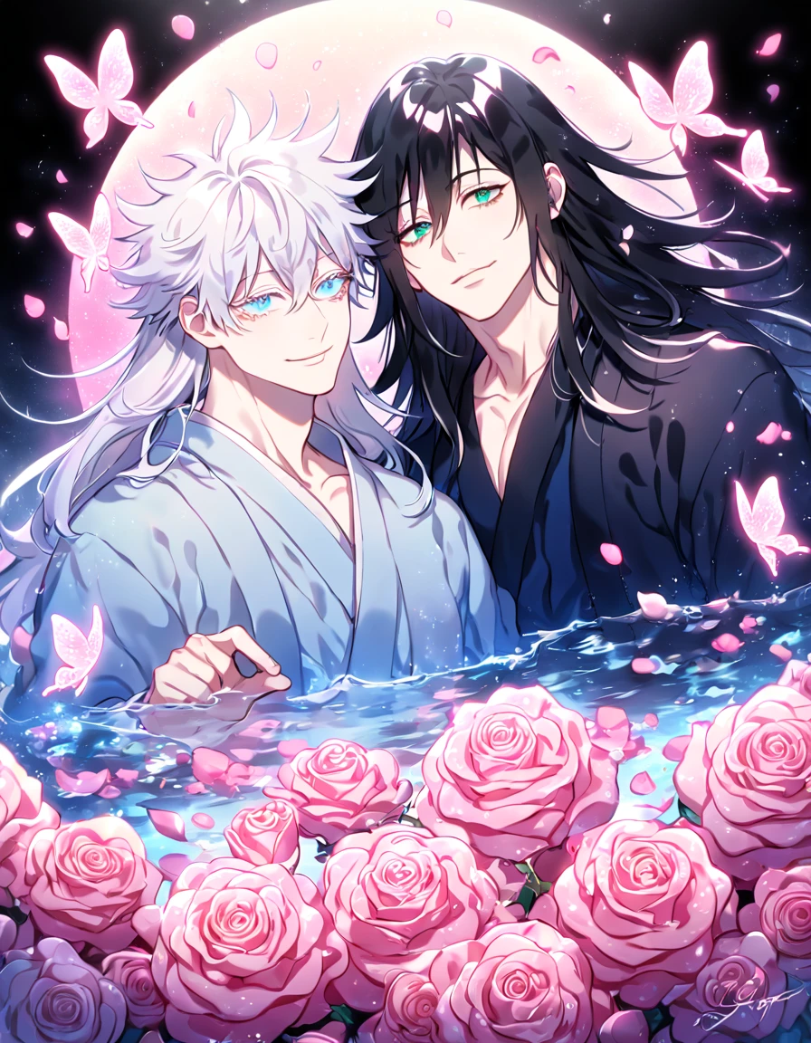 Ultra detailed, HDR, Highres, absurdres, master piece, Gojou Satoru, white hair, long hair, white eyelashes, expressive blue eyes, Chinese light blue robes, Fushiguro Megumi with long hair, black hair, expressive green eyes, Jujutsu Kaisen, two sexy men together, fantasy light blue robes with trimming, gay couple, yaoi, love, pink glittering butterflies, pink ice, petals, pink ice glass roses, sexy man, sensual, handsome, glittering, water, fantasy, magical, manly man, handsome smile,