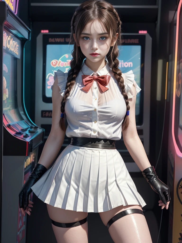 ((RAW photo), absurdities, (absurdresolution)), masterpiece, best quality, (Extremely detailed 8k unity CG wallpaper), (best illustration), (best shadow), absurdities, Realistic lighting, beautiful detailed glow, ((cute brunette girl, glitter on face, makeup)), (sky blue eyes, perfect pupil), (loose hair, thick hair, shiny, thick braids, adorned with little flowers), (slightly bent leg), arms on waist, black gloves, looking intently to the side, slight smile, (pleated skirt, ribbons, oned shirt, transparencies, tulle vest, red thighs), ((background: arcade machine room, video games)), vivid colors, neon,