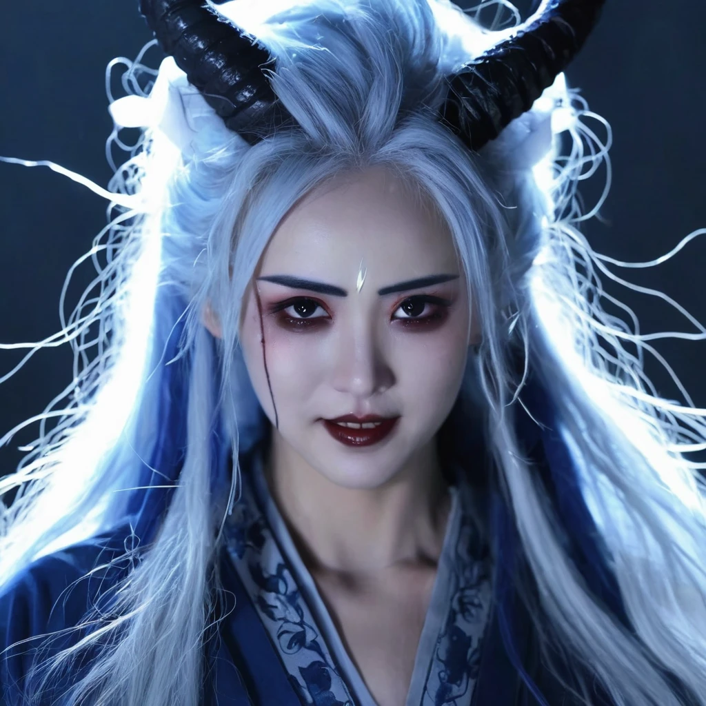 I want a human with eyes covered by a lightning aura and a woman of Japanese ethnicity, I want her to have a hideous smiling expression, and an extremely strong blue demonic aura that surrounds his entire being, this woman has two horns that are covered by lightning and will have long white hair, and wore a sensual Japanese outfit, will have eyes covered in dark blue rays and appear to be 24 years old at most. captured in an ultra-realistic full HD 4K portrait, detailed texture showing its menacing shape, Immersive atmosphere, high definition shadow play, digitalpainting, nevoa no environment. I want a different monster from each other and make the image darker, obscure, creating a dark and dimly lit horror atmosphere!