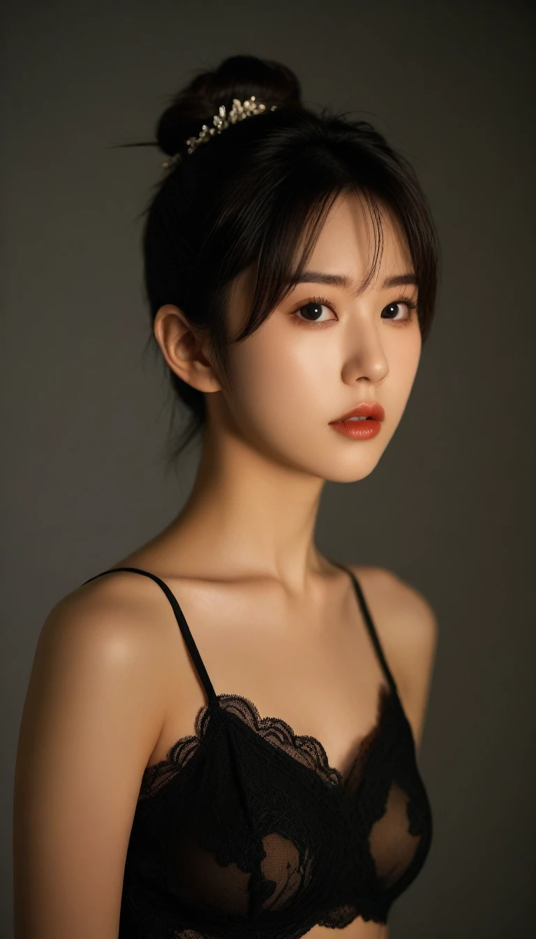 8k, Ultra-high resolution, Highest quality, masterpiece, 三分割法によるphotograph,Surreal, photograph, 1 Girl, (:1.3), pretty girl, Cute Face, Beautiful eyes in every detail, 細かくdetailedに,masterpiece,One Girl:1.2,Japanese female announcer,cowboy shot,disgust,Black short hair,Messy bun hair,Red lace lingerie, See through, Look forward, Standing posture, Opposition, Dynamic Lighting, Sharp contours, Light from above, Low contrast, (Side view),Perfect and beautiful face ,完璧でCute Face, Skin with attention to detail, Perfect limbs、Narrow waist,Looking at the audience,(((Ideal body type))),A cup small breasts :2,Portraiture:2,Perfect Anatomy,鮮明なdetailed,detailed,Surreal,Light and shadow,spotlight