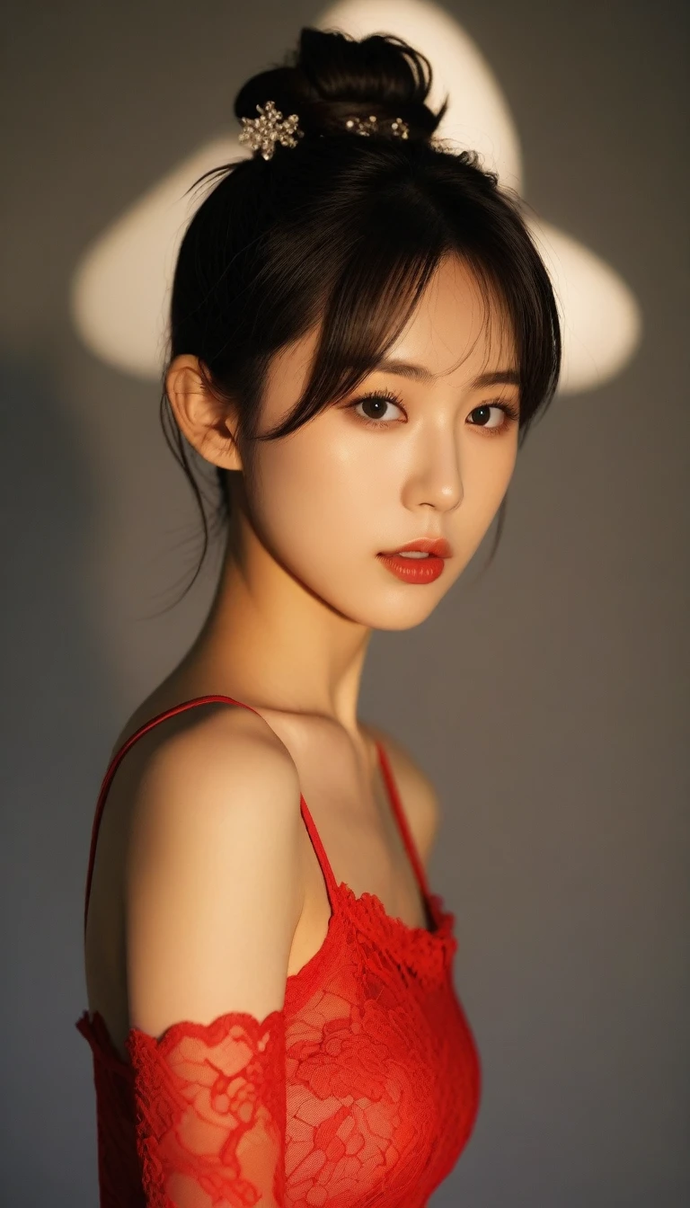8k, Ultra-high resolution, Highest quality, masterpiece, 三分割法によるphotograph,Surreal, photograph, 1 Girl, (16 years old:1.3), pretty girl, Cute Face, Beautiful eyes in every detail, 細かくdetailedに,masterpiece,One Girl:1.2,Japanese female announcer,cowboy shot,disgust,Black short hair,Messy bun hair,Red lace lingerie, See through, Look forward, Standing posture, Opposition, Dynamic Lighting, Sharp contours, Light from above, Low contrast, (Side view),Perfect and beautiful face ,完璧でCute Face, Skin with attention to detail, Perfect limbs、Narrow waist,Looking at the audience,(((Ideal body type))),A cup small breasts :2,Portraiture:2,Perfect Anatomy,鮮明なdetailed,detailed,Surreal,Light and shadow,spotlight
