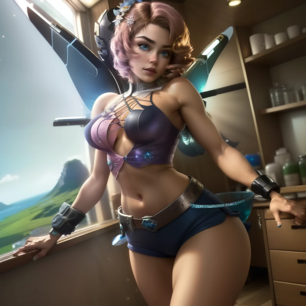 (TinkerWaifu:1), smile, sexy pose, cute, looking at the viewer, thick thighs, single bun, short hair, (short dolphin shorts:1), (fairy wings), standing, (focus on breasts:1.2), from above, (realistic: 1.2), (realism), (masterpiece: 1.2), (best quality), (ultra detailed), (8k, 4k, complex),(full body photo: 1),(cowboy photo:1.2), (85mm), light particles, lighting, (highly detailed:1.2),(detailed face:1.2), (gradients), sfw, colorful,(detailed eyes:1.2), (detailed ladscape, inside a glass jar :1.2),(detailed background),detailed landscape, (dynamic angle:1.2), (dynamic posture:1.2), (rule of terceira_composição:1.3), (line of action:1.2), general plan, daylight, soil,