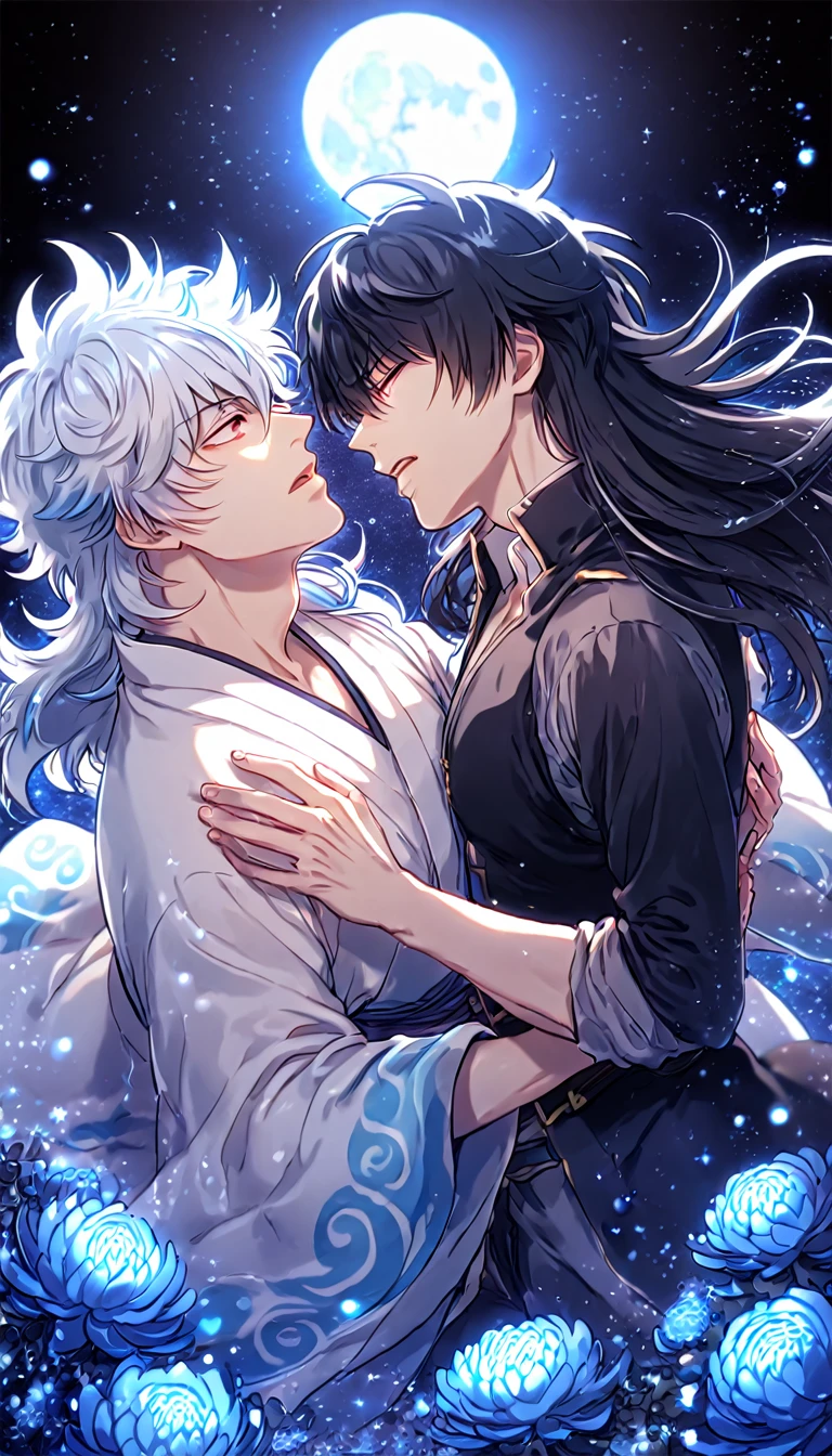 absurdres, highres, ultra detailed, HDR, master piece, best quality, extremely detailed, Sakata Gintoki, white hair, long hair, expressive red eyes, Gintama, Hijikata Toshiro, black hair, long hair, expressive blue eyes, two sexy men together, yaoi, gay couple, handsome, white kimono, blak military clothes, fantasy, water, sparkling, blue glittering fireflies, blue moon, blue blossoms, blue chrysanthemums, blue sparkling lights, starry sky, magical