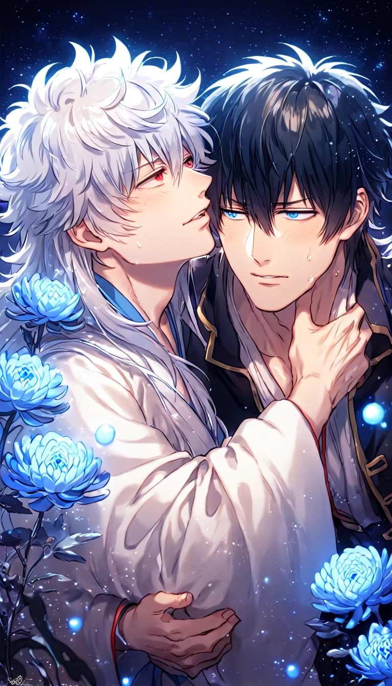 absurdres, highres, ultra detailed, HDR, master piece, best quality, extremely detailed, Sakata Gintoki, white hair, long hair, expressive red eyes, Gintama, Hijikata Toshiro, black hair, long hair, expressive blue eyes, two sexy men together, yaoi, gay couple, handsome, white kimono, blak military clothes, fantasy, water, sparkling, blue glittering fireflies, blue moon, blue blossoms, blue chrysanthemums, blue sparkling lights, starry sky, magical