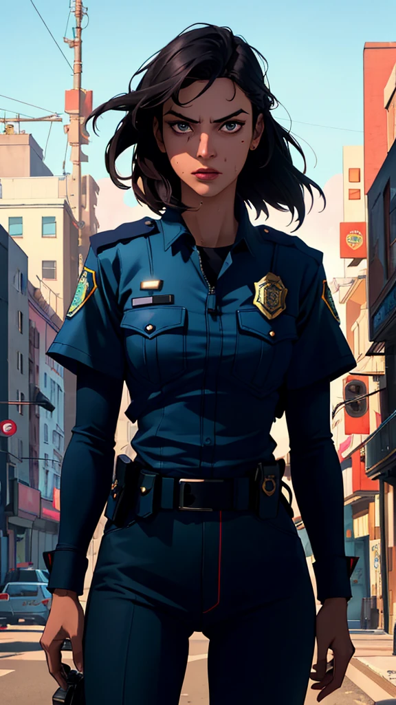 ((((masterpiece, best quality, high resolution)))), Extremely detailed 8K, 1 female, (Police Officer) wearing a cyberpunk police uniform and gear, (Ultra HD, Ultra-detailed, Highly detailed, Highly realistic, Ultra-realistic, photograph realistic), (1girl:1.5), (Realistic black hair), (dynamic poses), facing at camera, looking at viewer, (a serious focus face), (regular black eyes, sharp eyes), (perky breasts:1.2), (beautifully detailed face, beautiful detailed eyes), ((preparing for a police patrol)), (streets background), sweat, glow, (sunbeam, sunlight), ((cowboy shot)), seductive, EnvyBetterHands LoCon,