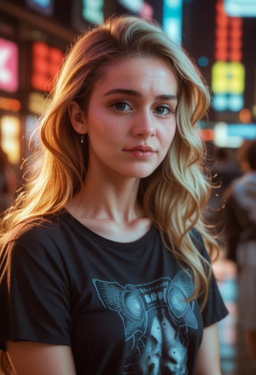gorgeous woman with extra long wavy blonde hair, detailed alluring eyes, long sexy legs, wearing tiny nickers, t-shirt, ((detailed facial features)), (finely detailed skin), pale skin, realistic skin texture, extreme skin details, (pores:0.1), in the background beautiful futuristic cyberpunk city, best quality masterpiece, photorealistic, hyperrealistic, detailed, 8k, HDR, (Soft color: 1.2), shallow depth of field, broad light, high contrast, backlighting, bloom, light sparkles, chromatic aberration, sharp focus, RAW color photo