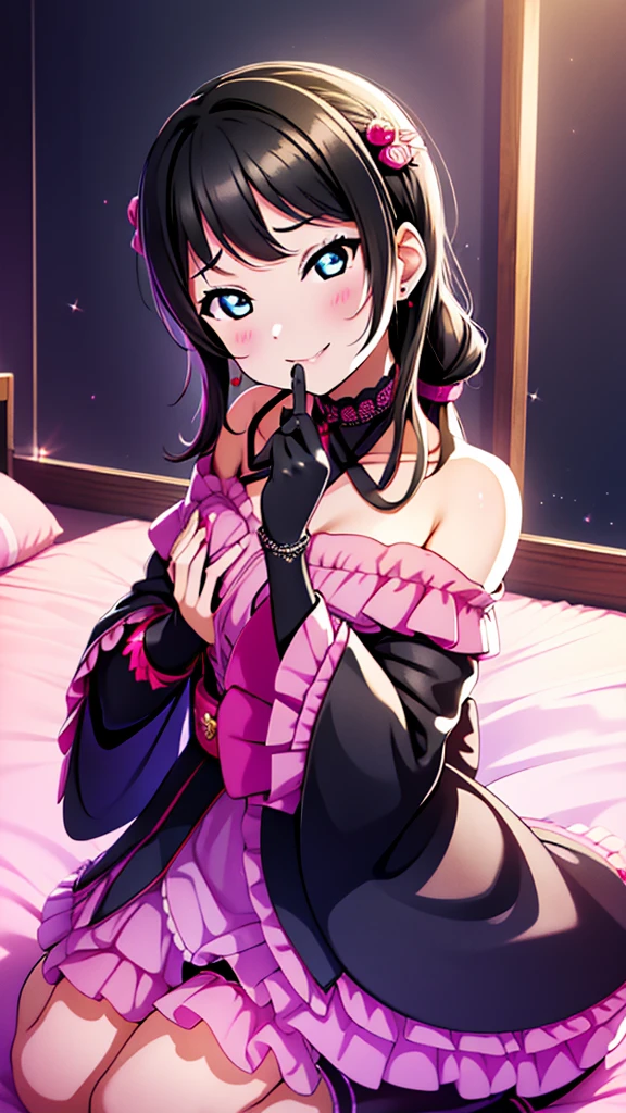 night、lovelive　Ruby Kurosawa、Black hair twin tail drill　Wave、Black Background、Evil background、Hotel Bedroom、Sensual pink light、Shiny gothic that wraps around the body　****ta　Off the shoulder、Upper Body、tall、Black long gloves、Upper Body、Evil female warrior、Fantasy、Condescending smile、Fallen into evil、Fall into Darkness、Kneel